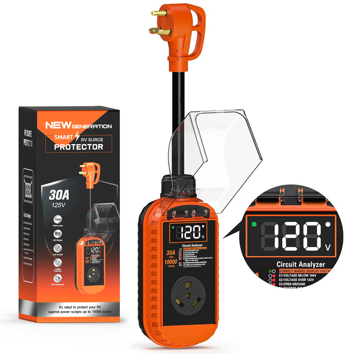 Smart RV Surge Protector 30 Amp with Auto Shutoff & Reset,  10,000J 30 Amp,  IP67 Waterproof