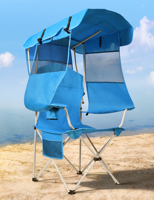 Beach Chair with Canopy Shade, Foldable with Cup Holder, Side Pocket- Support 330 LBS
