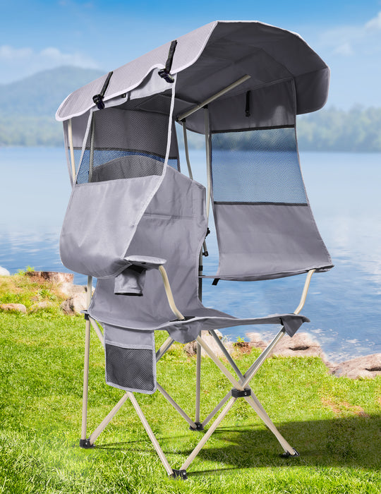 Beach Chair with Canopy Shade, Foldable with Cup Holder, Side Pocket- Support 330 LBS