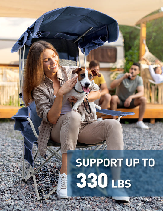 Beach Chair with Canopy Shade, Foldable with Cup Holder, Side Pocket- Support 330 LBS