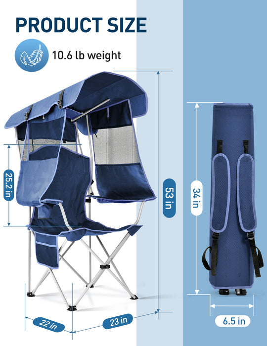 Beach Chair with Canopy Shade, Foldable with Cup Holder, Side Pocket- Support 330 LBS